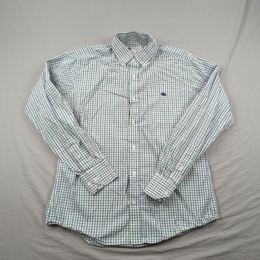 Onward Reserve Shirt Mens Medium Blue Green Plaid Check Preppy Casual